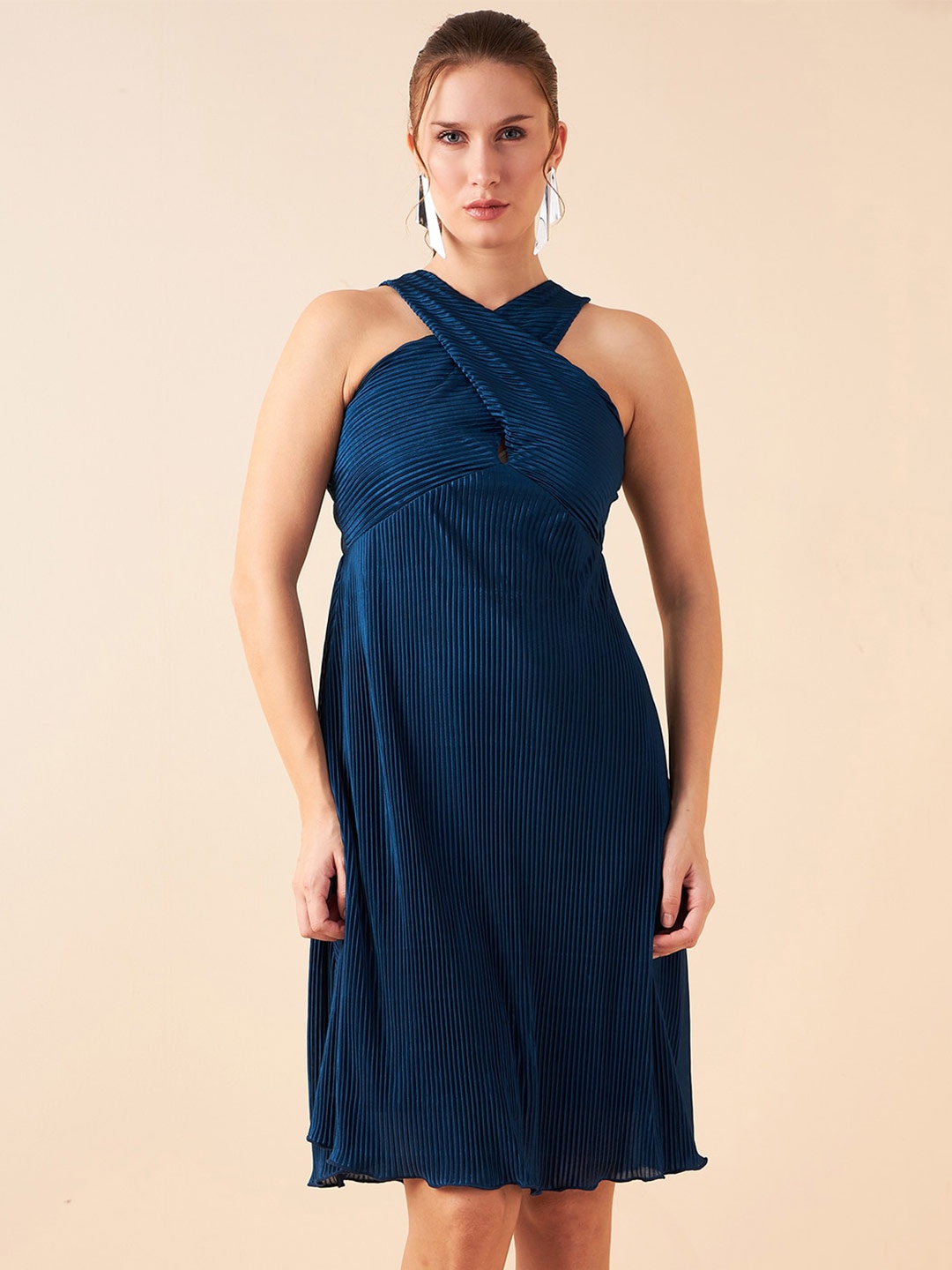 

Antheaa Teal Self Design Sleeveless Chiffon Pleated A-Line Dress