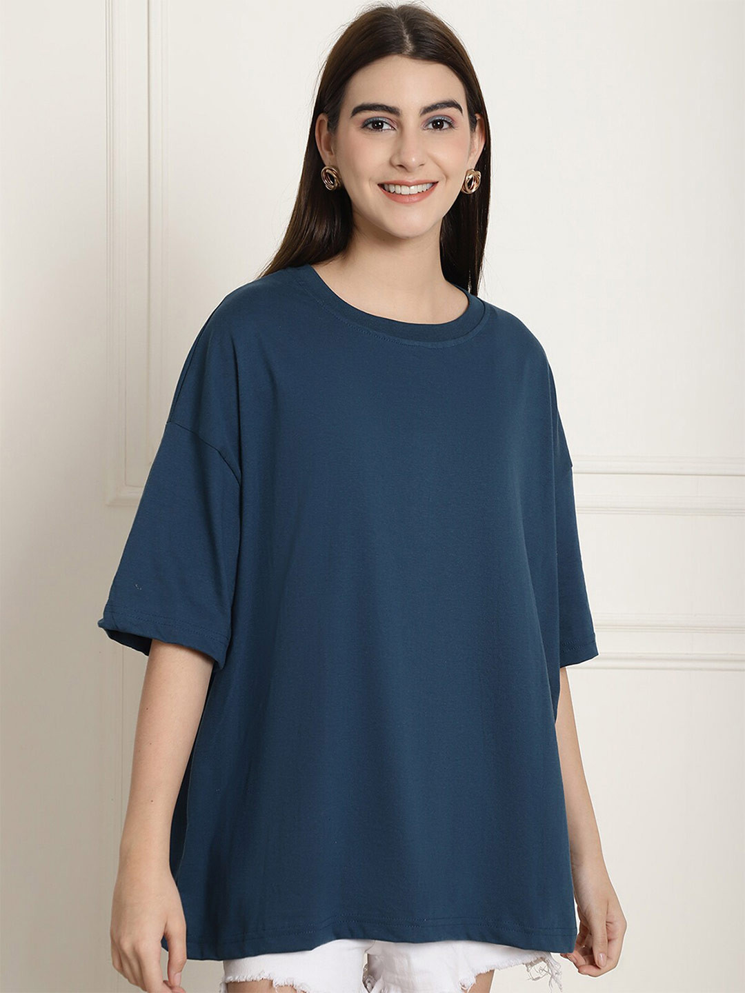 

Fabflee Oversized Drop-Shoulder Cotton Round Neck Printed T-Shirt, Teal