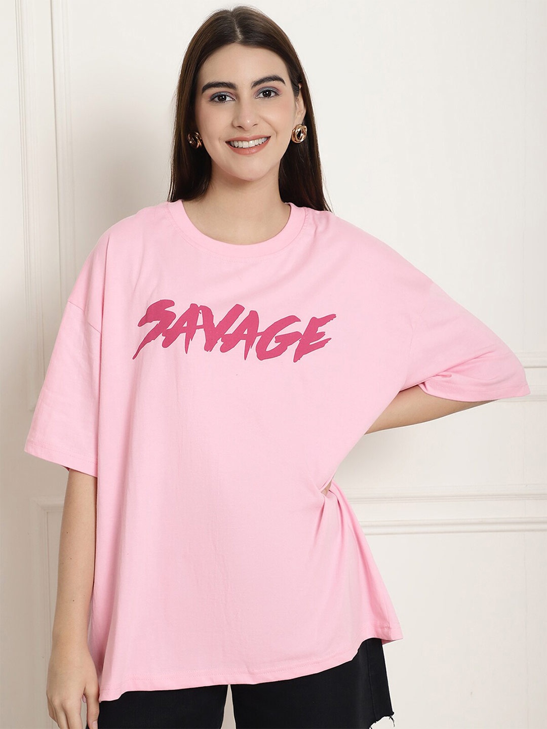 

Fabflee Women Drop-Shoulder Cotton Printed Oversized T-Shirt, Pink