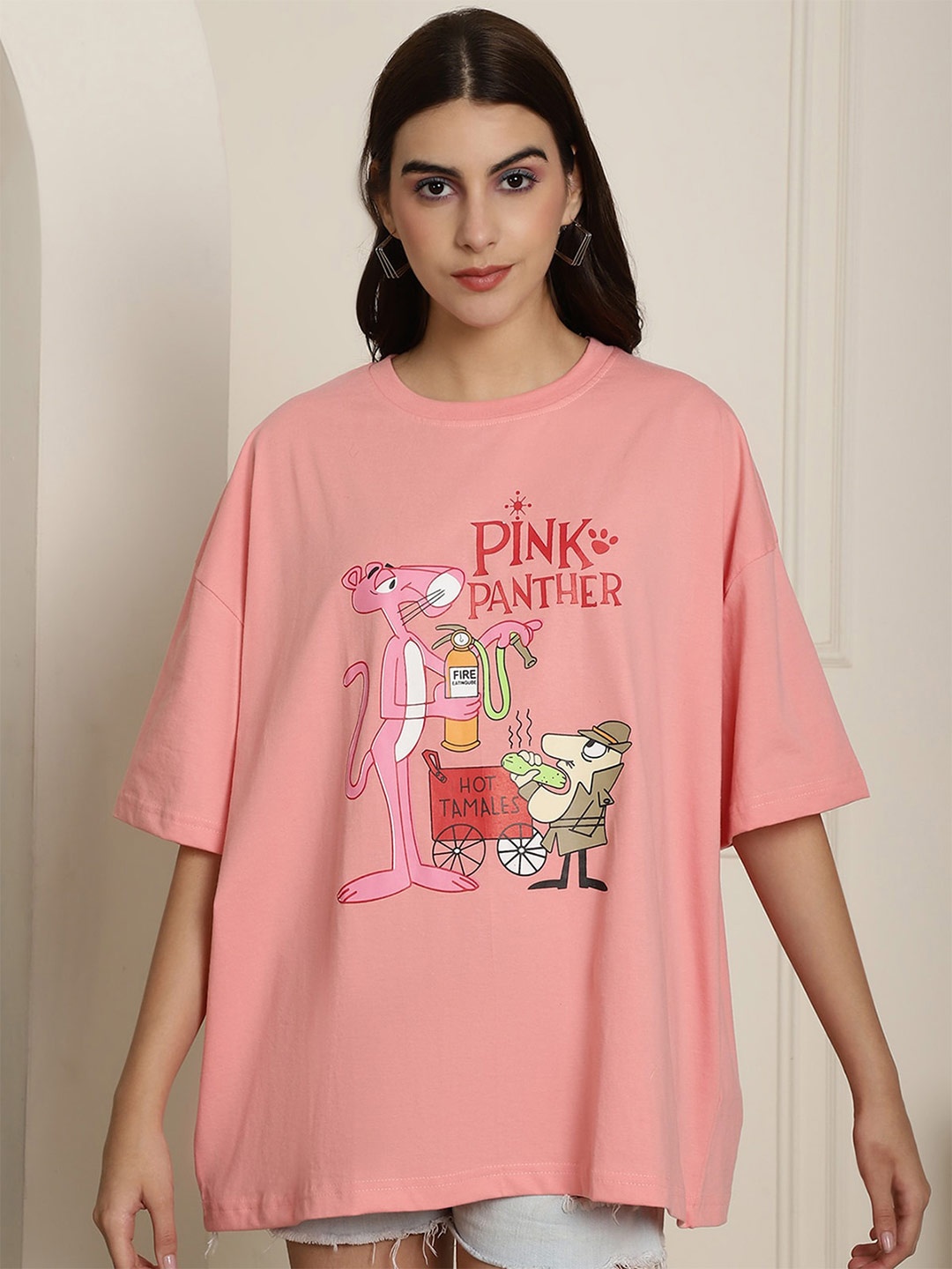 

Fabflee Women Drop-Shoulder Cotton Printed Oversized T-Shirt, Peach