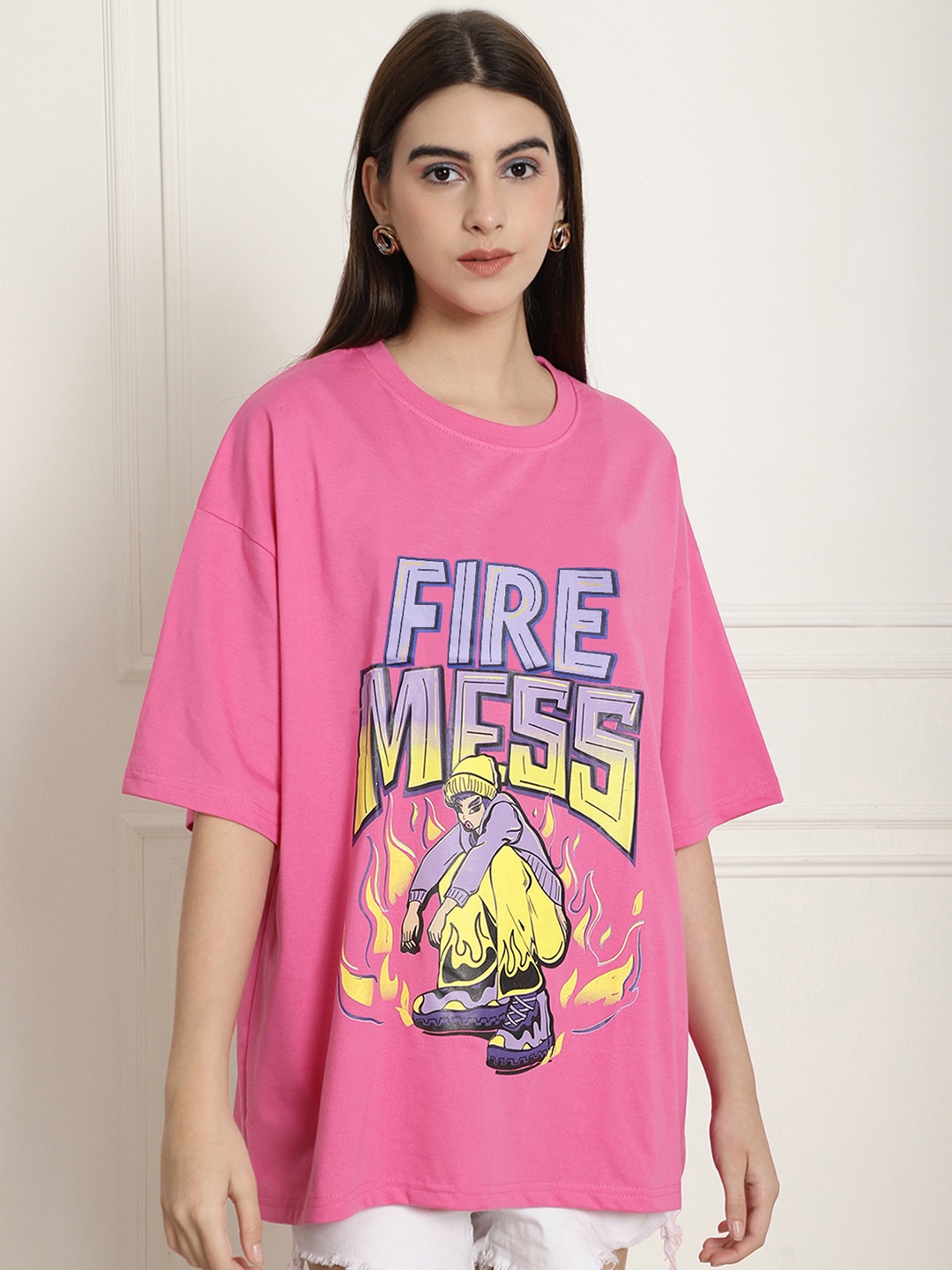 

Fabflee Printed Round Neck Drop-Shoulder Sleeves Cotton Oversized T-Shirt, Pink