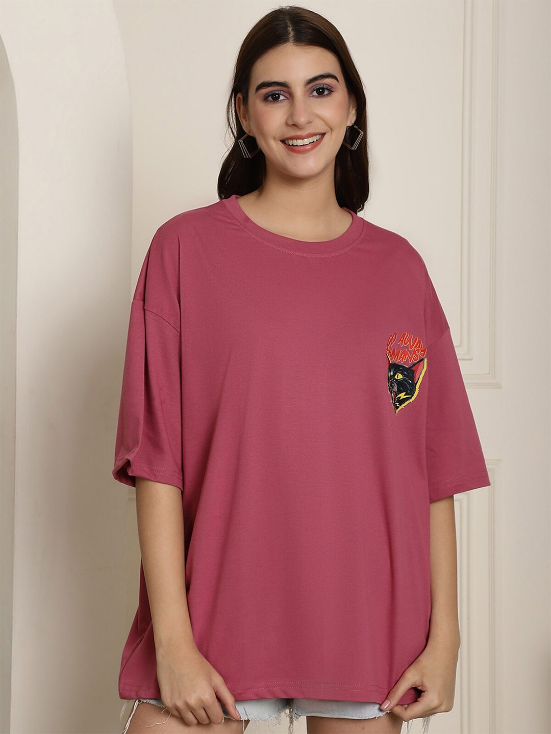 

Fabflee Graphic Printed Drop-Shoulder Oversized Cotton T-shirt, Pink