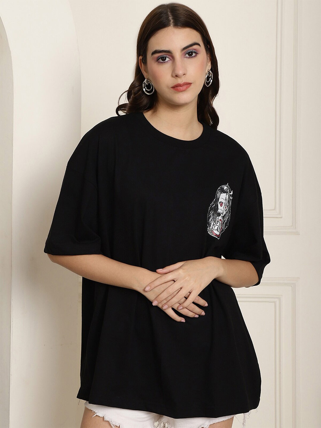 

Fabflee Oversized Drop-Shoulder Cotton Round Neck Printed T-Shirt, Black