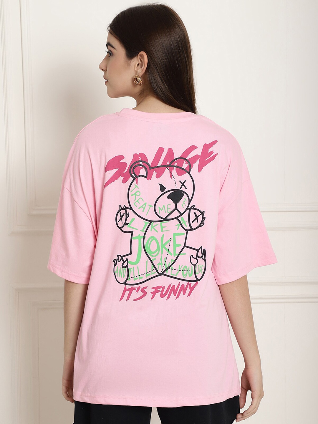 

BAESD Typography Printed Drop-Shoulder Oversized Cotton T-shirt, Pink