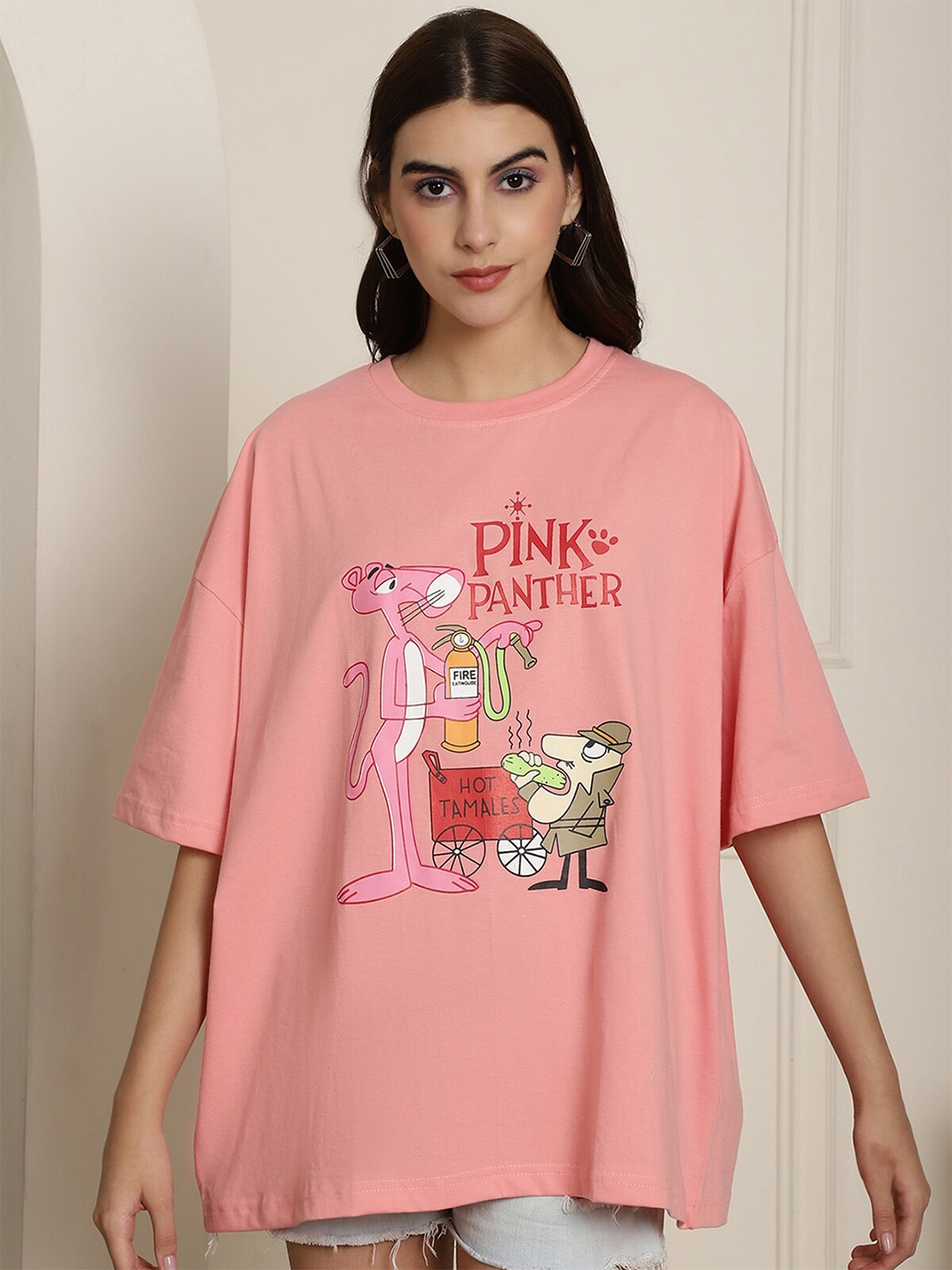 

BAESD The Pink Panther Printed Oversized Cotton T-shirt