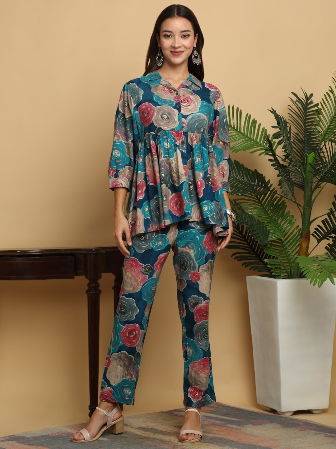 

KALINI Floral Printed Shirt Collar Tunic Top With Flared Trousers Co-Ords, Blue