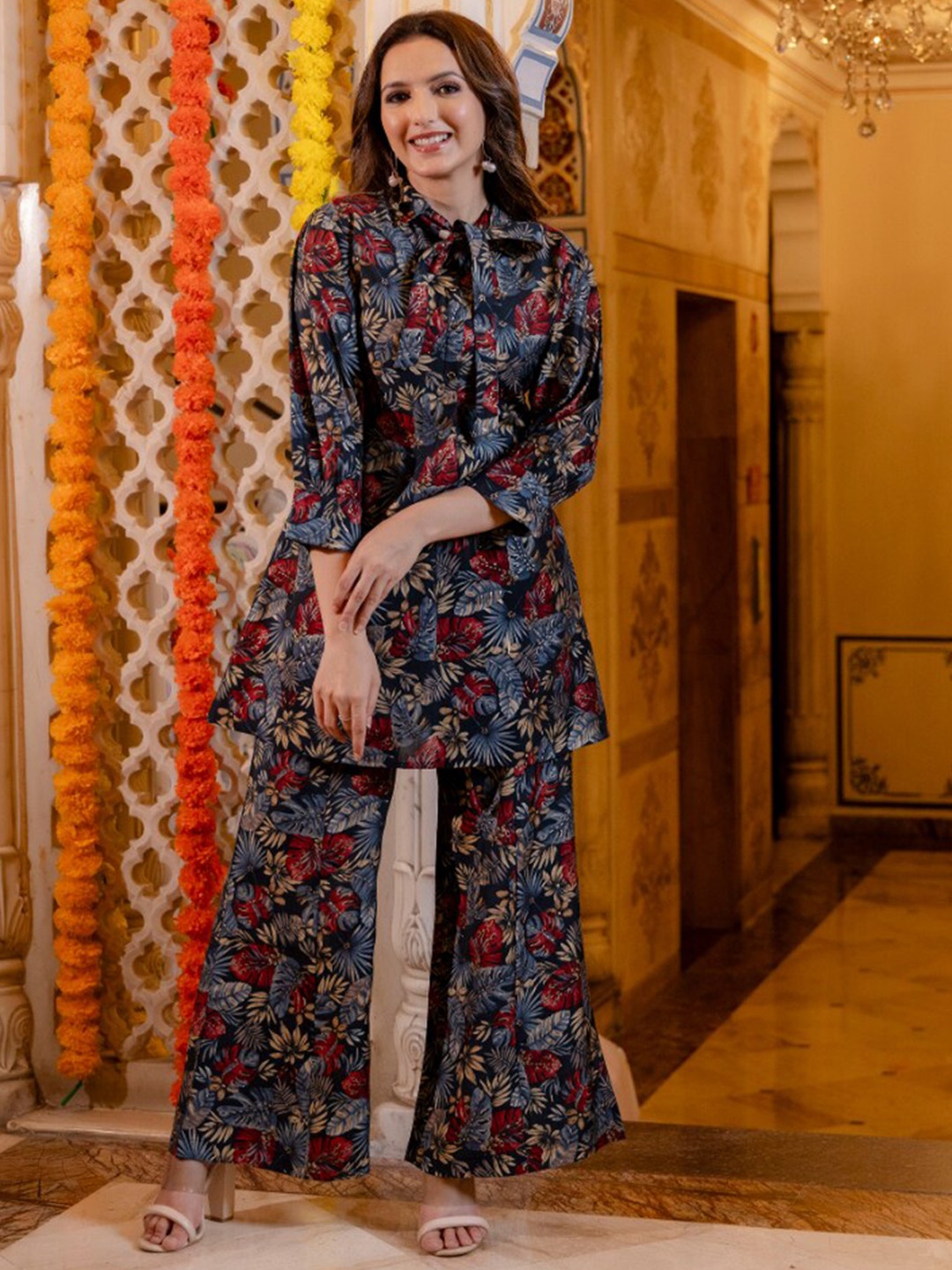 

KALINI Floral Printed Shirt-Collar Tunic With Palazzo Co-Ords, Metallic