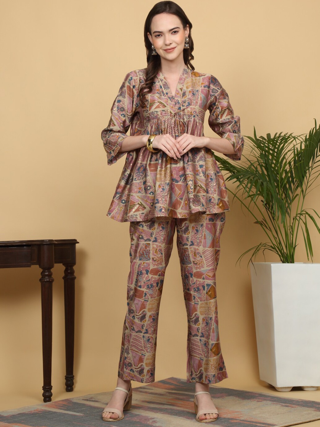 

KALINI Ethnic Motifs Printed V-Neck Gathered Tunic Top With Flared Trousers Co-Ords, Peach