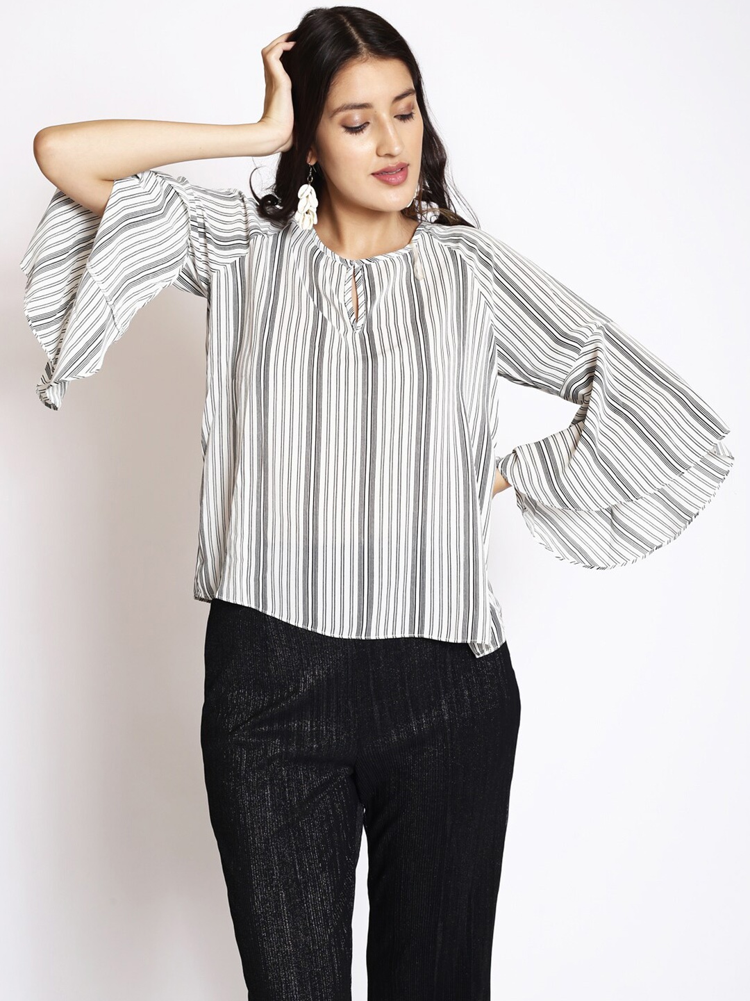 

250 DESIGNS Striped Keyhole Neck Bell Sleeve Georgette Top, Beige