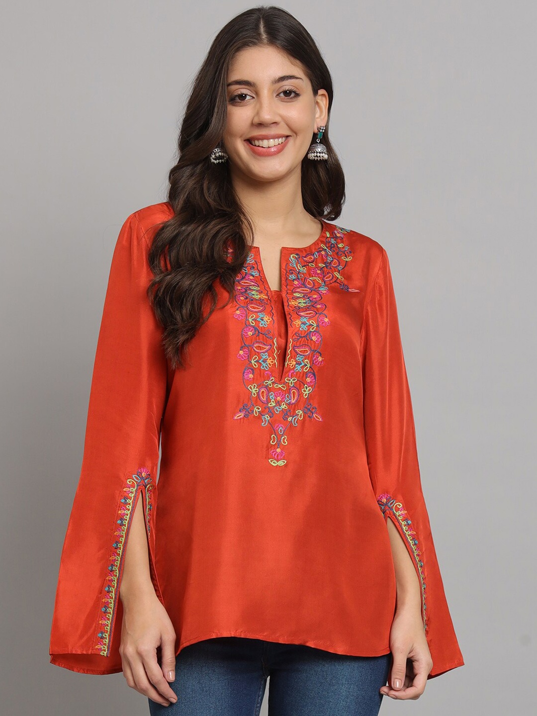 

250 DESIGNS Floral Embroidered Bell Sleeve Pure Silk Tunic, Red