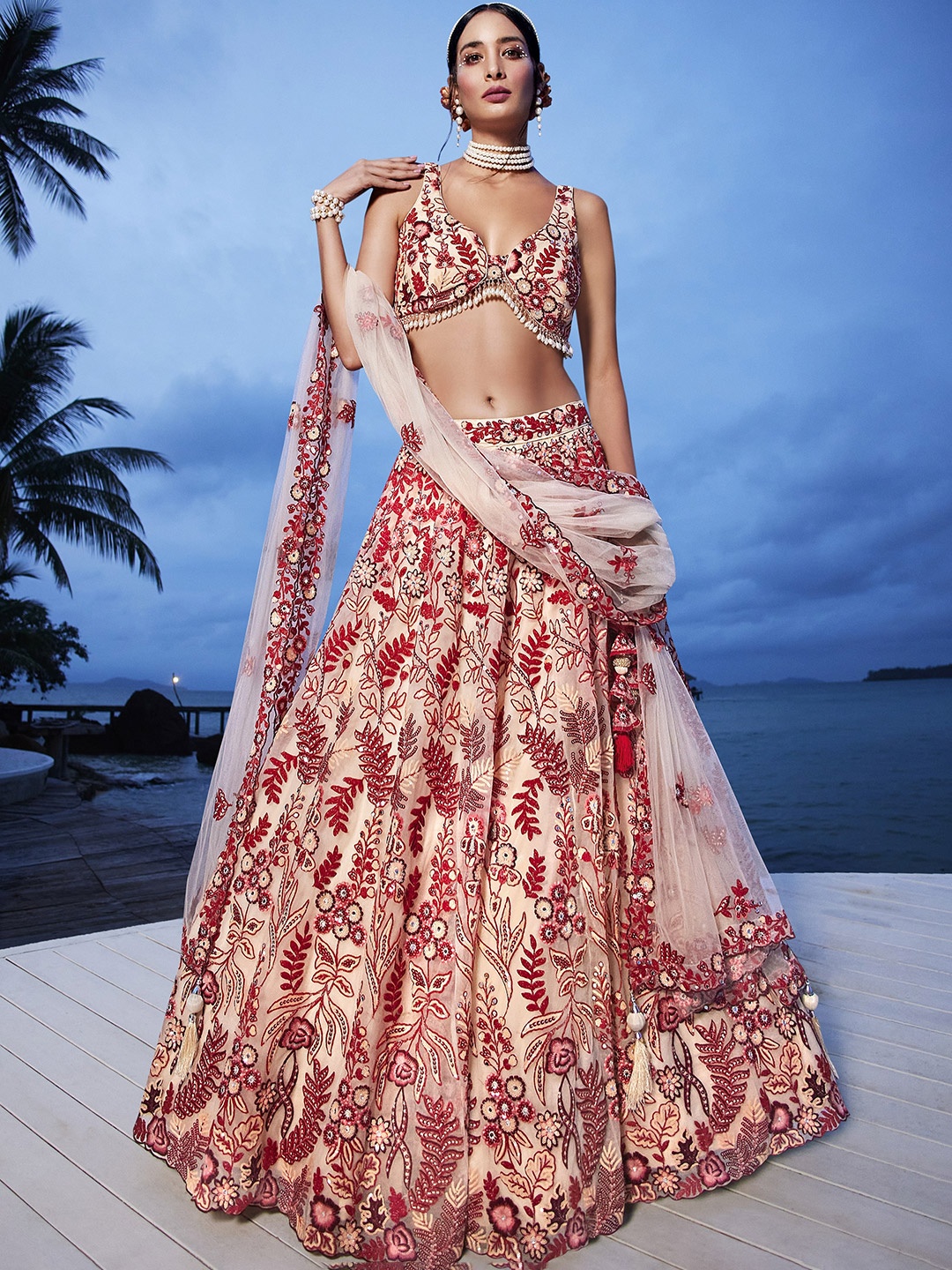 

panchhi Embellished Sequinned Semi-Stitched Lehenga & Unstitched Blouse With Dupatta, Peach