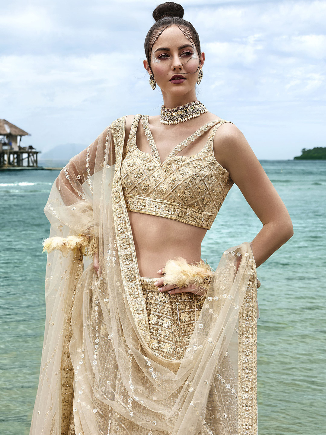 

panchhi Embroidered Sequinned Semi-Stitched Lehenga & Unstitched Blouse With Dupatta, Cream