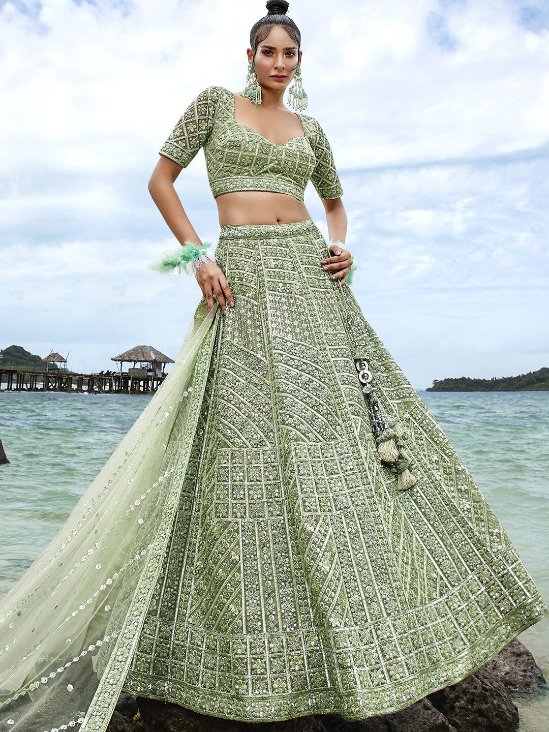 

panchhi Embroidered Sequinned Semi-Stitched Lehenga & Unstitched Blouse With Dupatta, Lime green
