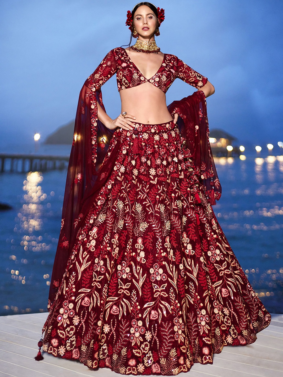 

panchhi Embroidered Sequinned Semi-Stitched Lehenga & Unstitched Blouse With Dupatta, Red