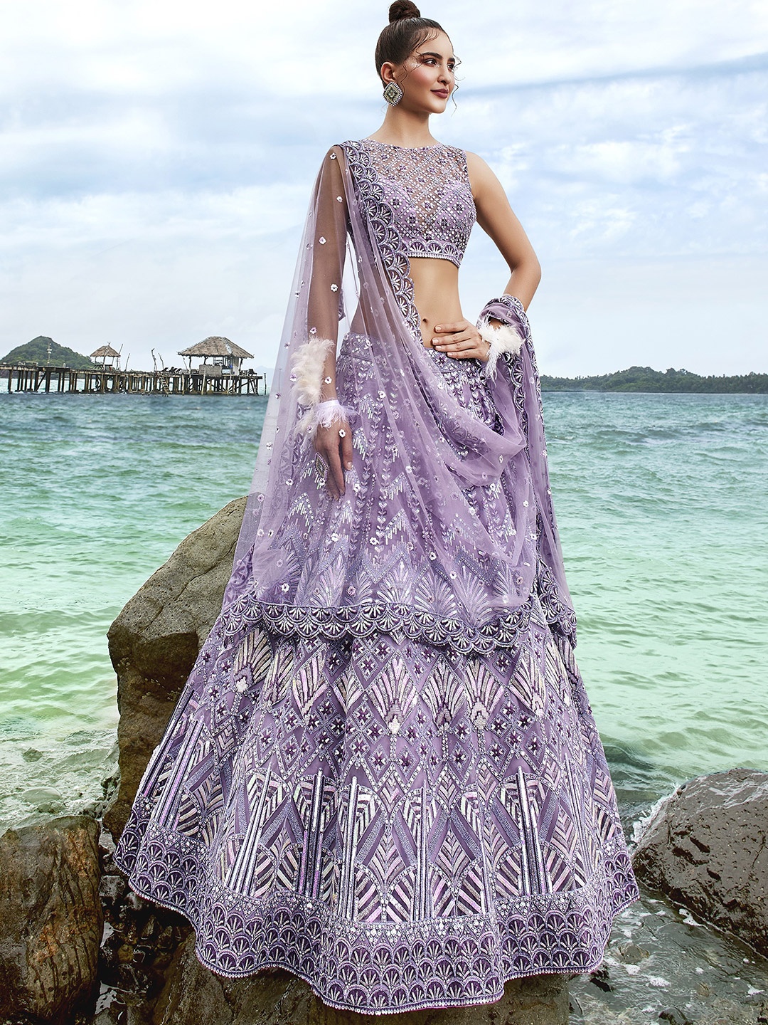 

panchhi Mauve Embroidered Sequinned Semi-Stitched Lehenga & Unstitched Blouse With Dupatta