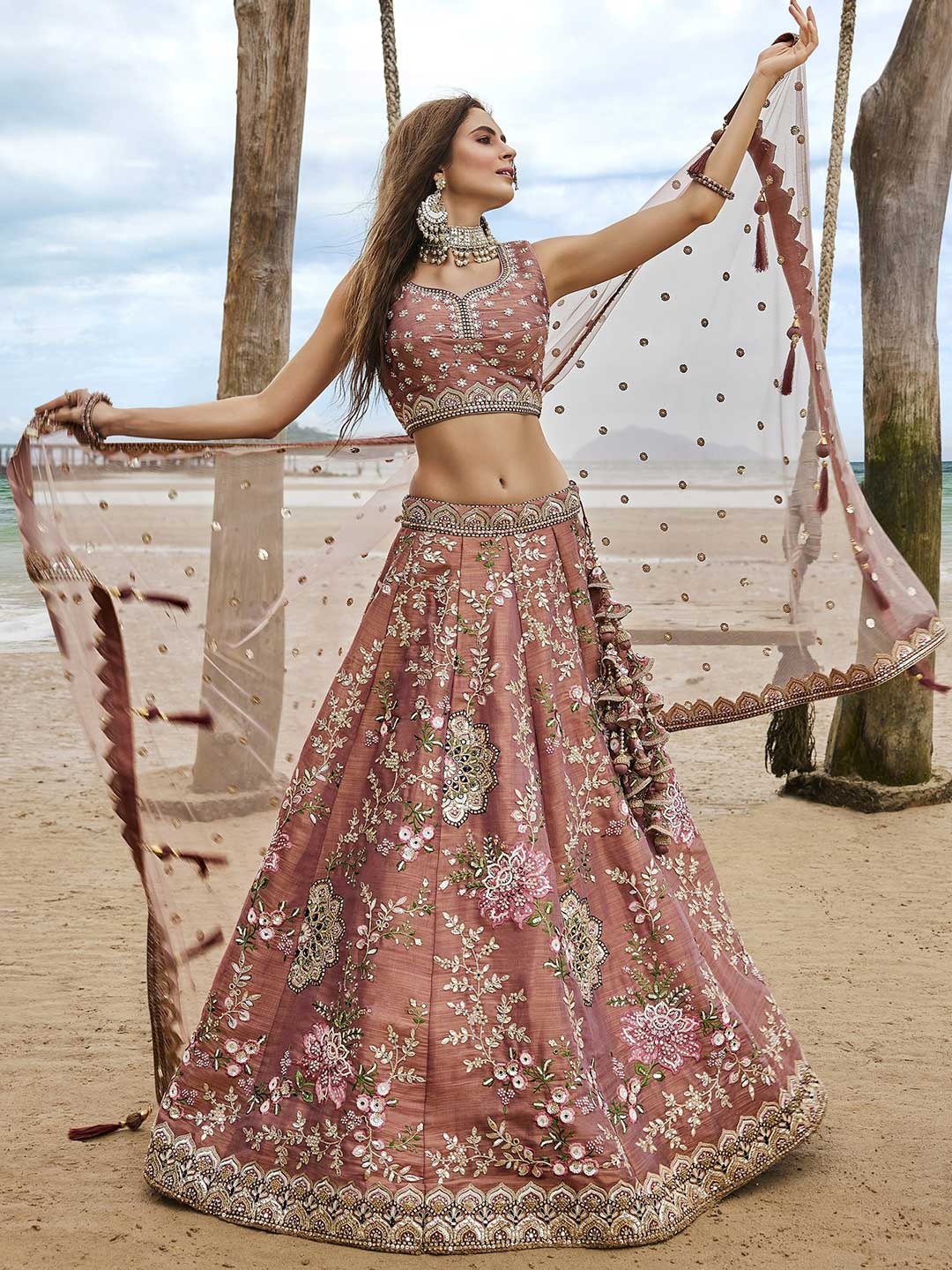 

panchhi Embroidered Sequinned Semi-Stitched Lehenga & Unstitched Blouse With Dupatta, Rose gold