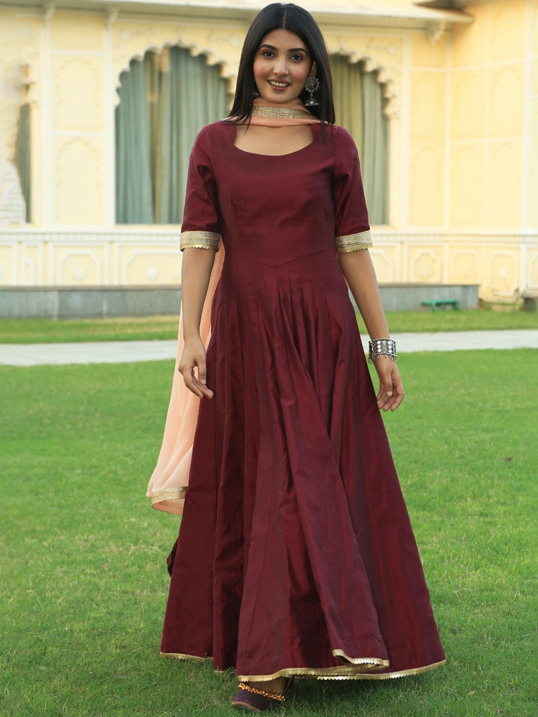 

Indian Virasat Round Neck Silk Fit & Flare Maxi Ethnic Dress With Dupatta, Burgundy