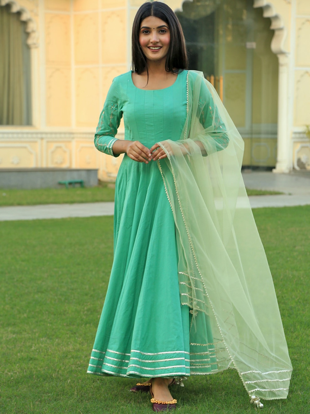 

Indian Virasat Cotton Fit & Flared Maxi Dress with Sequined Net Dupatta, Sea green