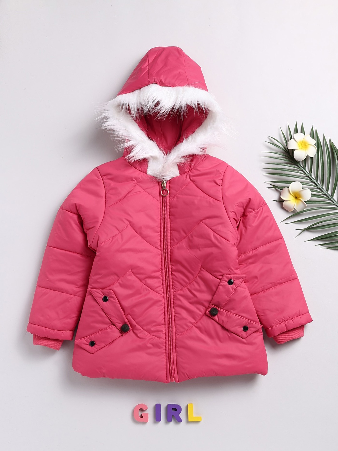 

Toonyport Girls Hooded Lightweight Puffer Jacket With Faux Fur Detail, Pink