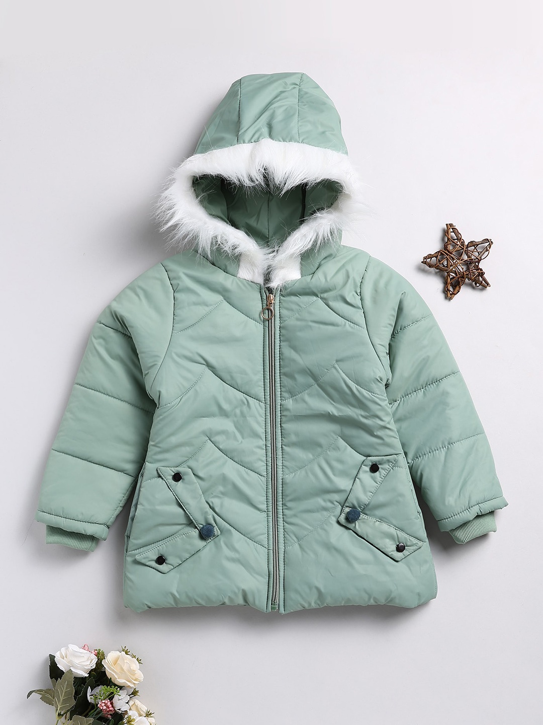 

Toonyport Girls Lightweight Hooded Faux Fur Trim Padded Jacket, Sea green