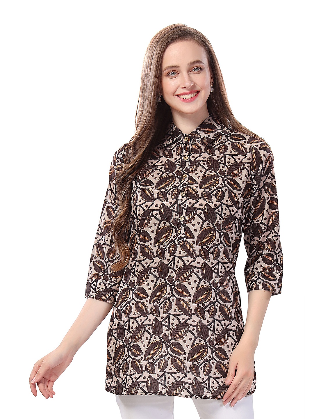 

keshubaba Floral Printed Shirt Collar Cotton Tunic, Brown