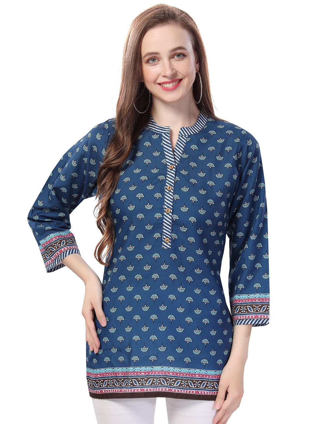 

keshubaba Mandarin Collar Printed Cotton Tunic, Blue