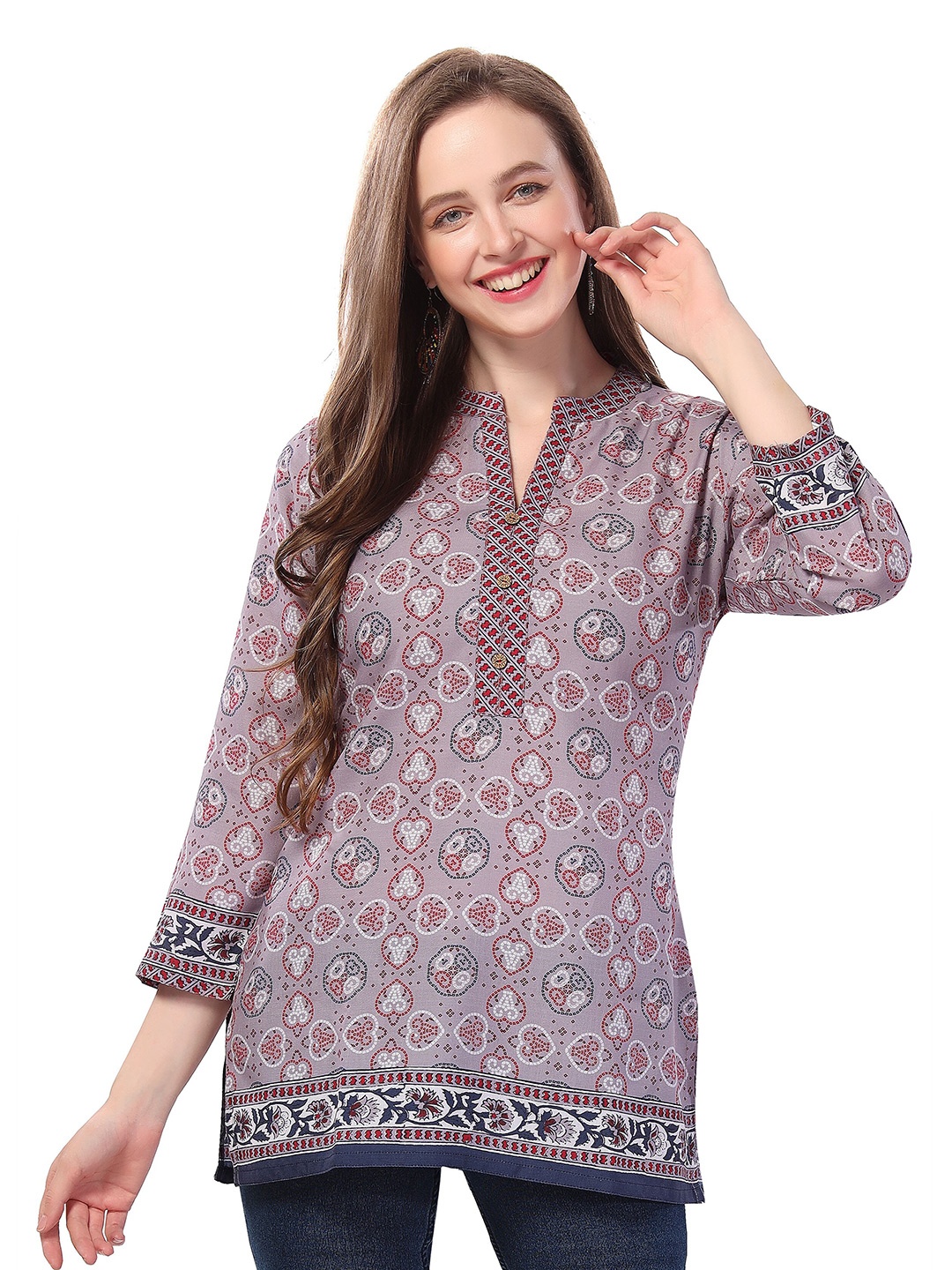 

keshubaba Mandarin Collar Printed Cotton Tunic, Mauve