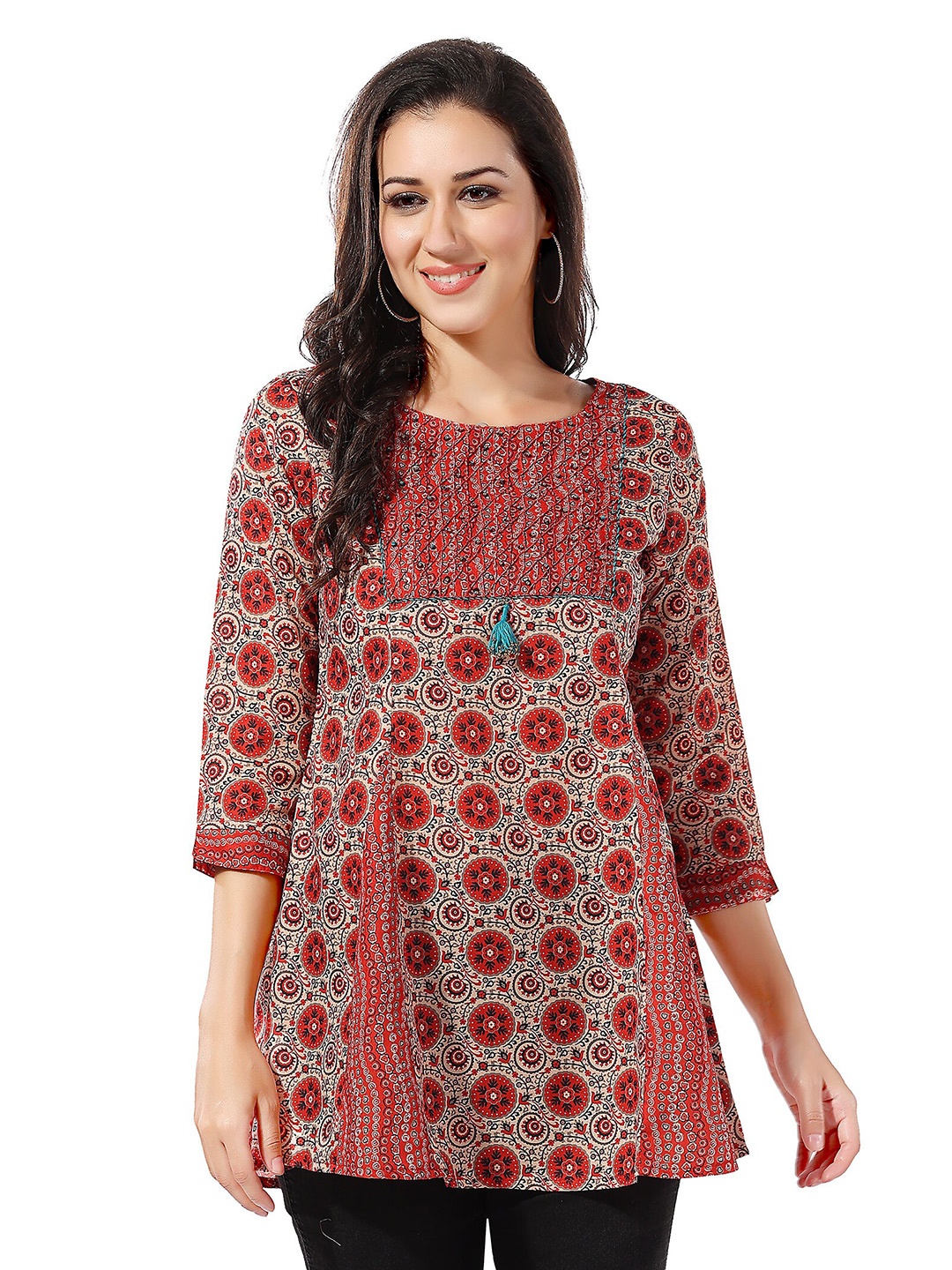 

keshubaba Ethnic Motifs Printed Cotton Tunic, Beige