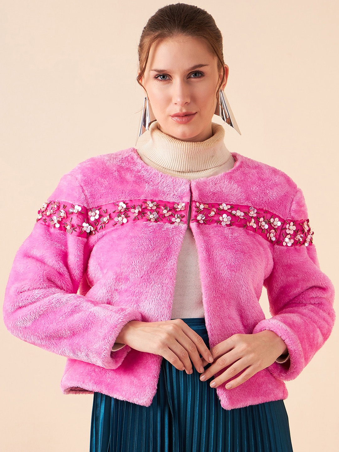 

Antheaa Pink Self Design Collarless Long Sleeves Studded Tailored Jacket