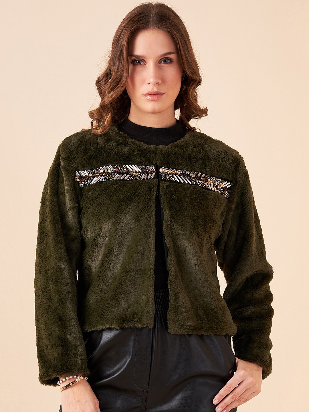 

Antheaa Olive Green Embroidered Fur Tailored Jacket