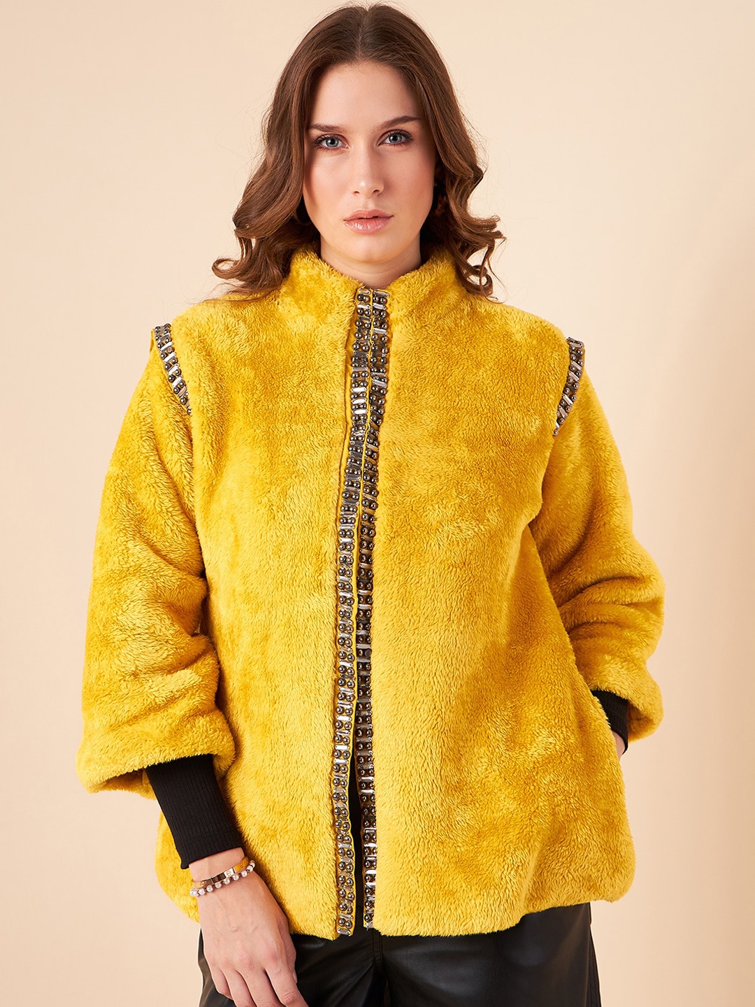 

Antheaa Mock Collar Three-Quarter Embellished Front Open Sweater, Yellow