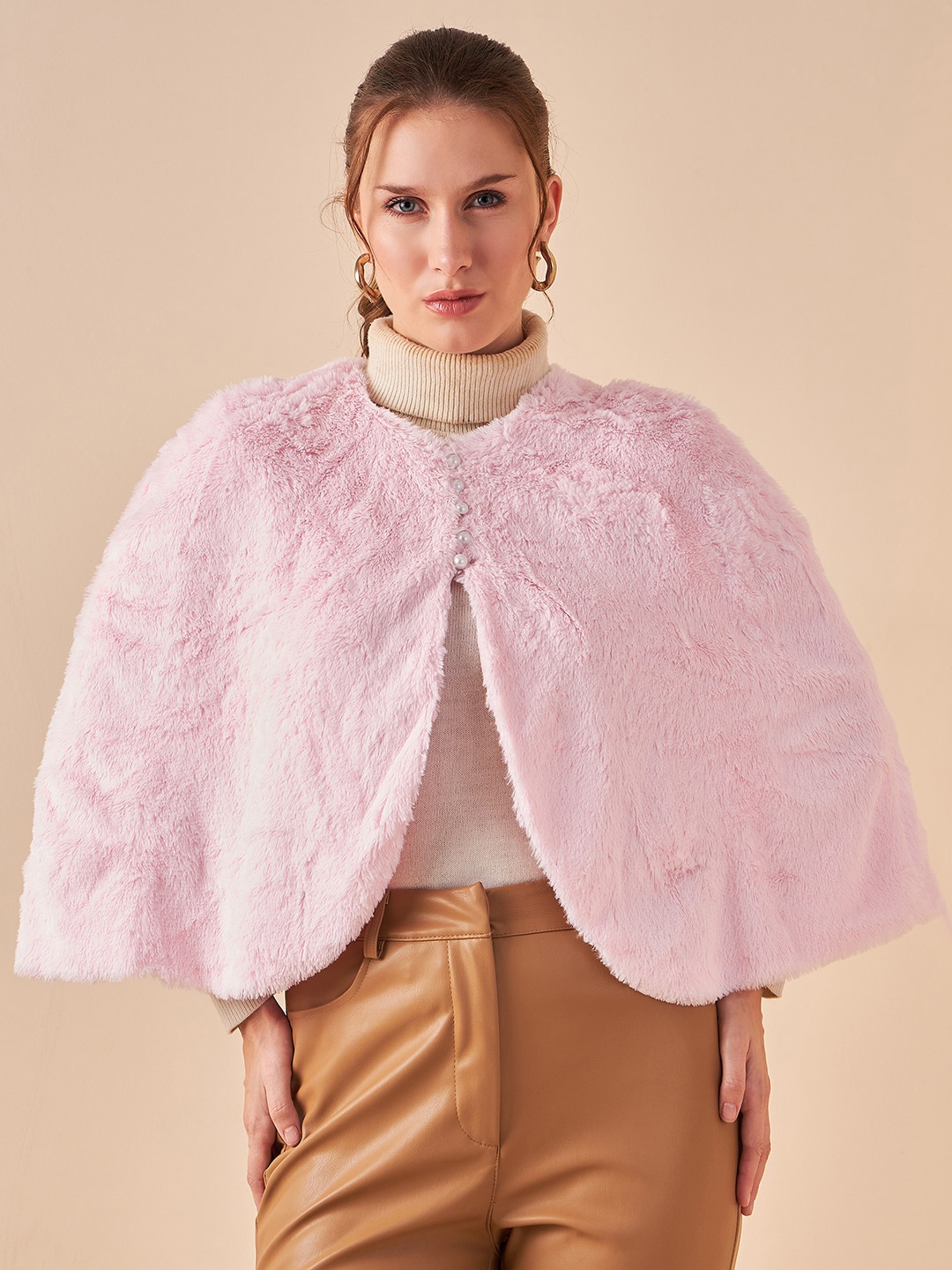 

Antheaa V-Neck Three-Quarter Sleeve Button Detail Poncho Sweater, Pink