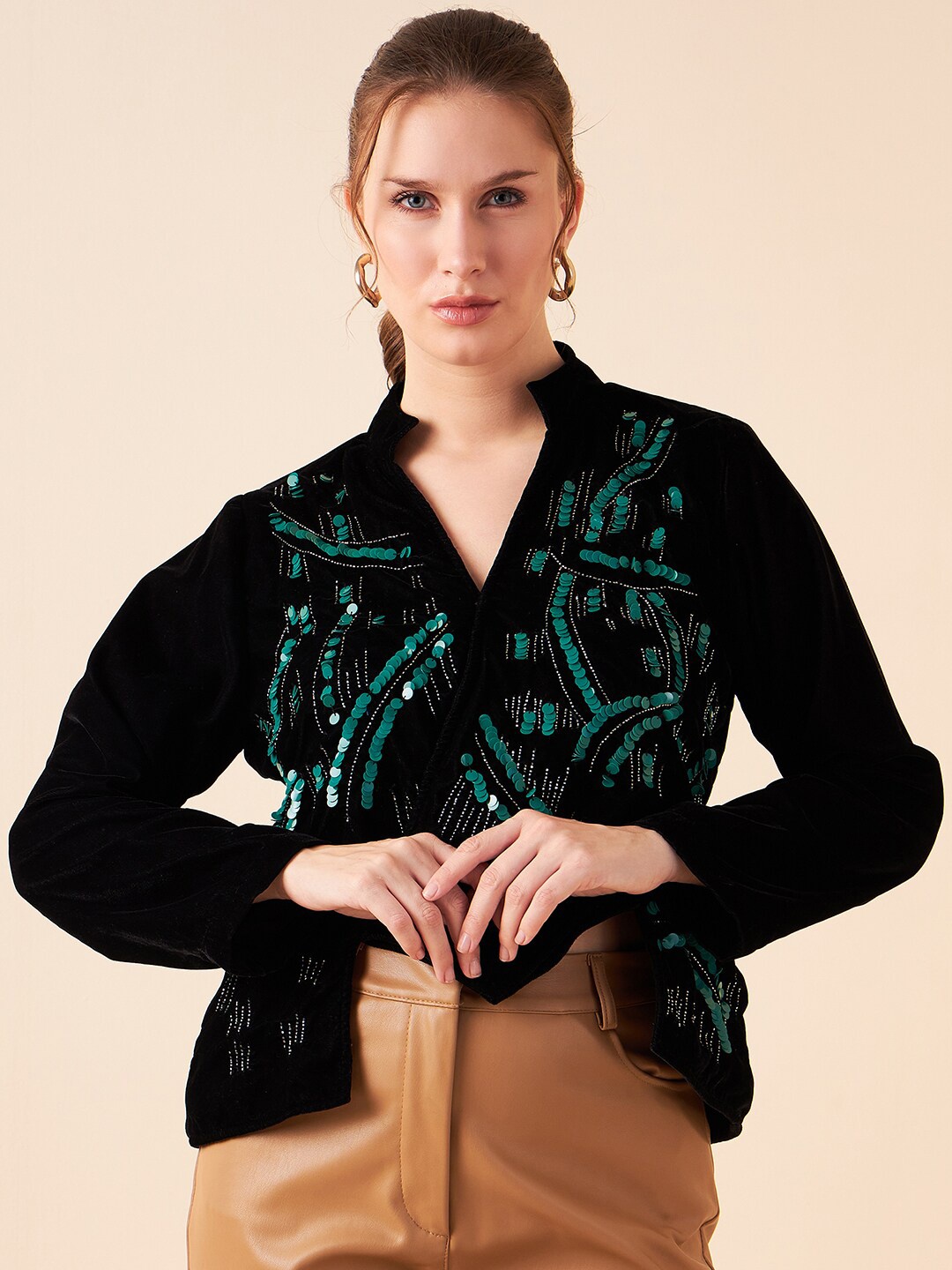 

Antheaa Women Black Embellished Tailored Jacket