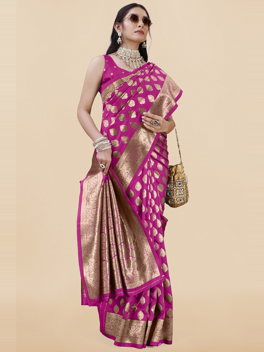 

KALINI Ethnic Motifs Woven Design Zari Banarasi Saree, Magenta