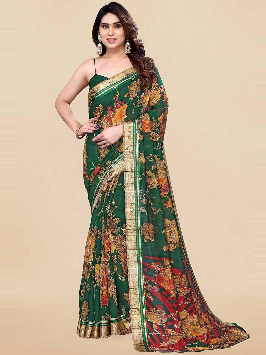 

KALINI Floral Printed Saree, Green
