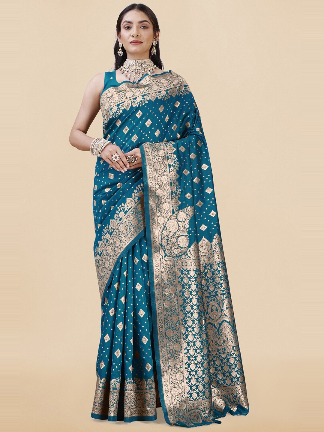 

KALINI Ethnic Motifs Woven Design Zari Banarasi Saree, Teal