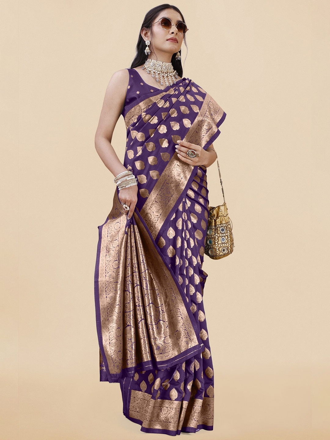 

KALINI Ethnic Motifs Woven Design Zari Banarasi Saree, Purple