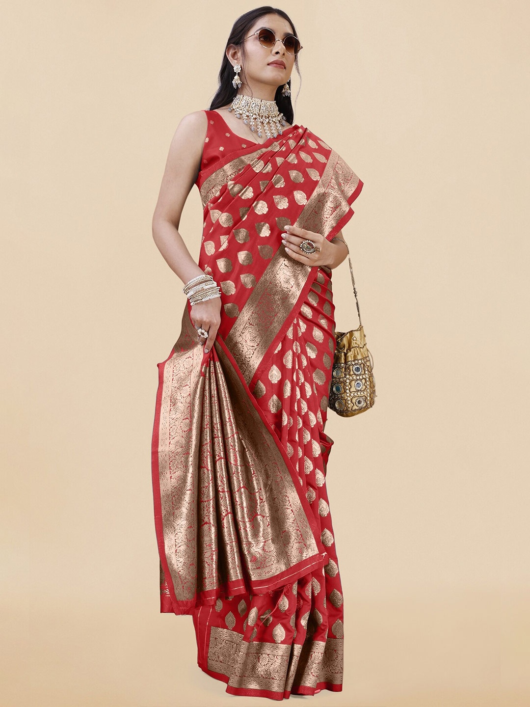 

KALINI Ethnic Motifs Woven Design Zari Banarasi Saree, Red