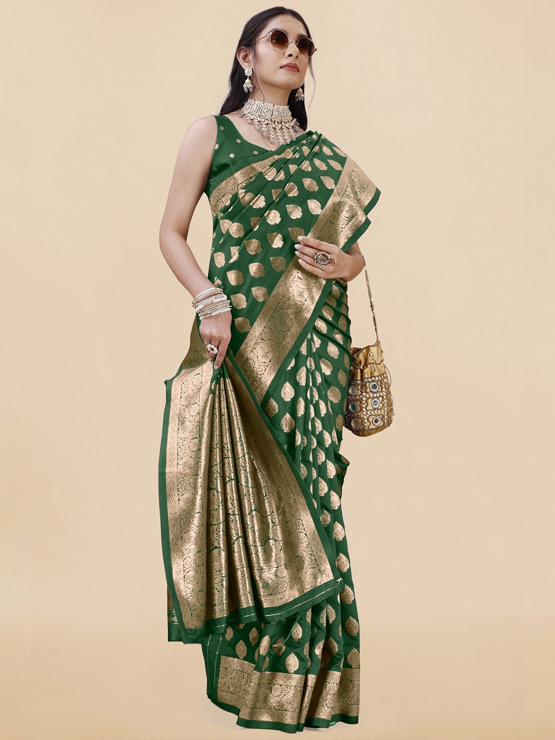 

KALINI Ethnic Motifs Woven Designed Zari Banarasi Saree, Green