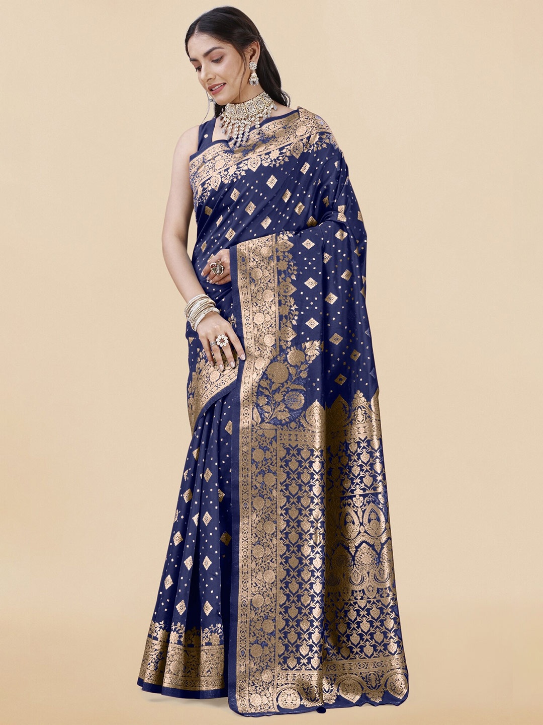 

KALINI Ethnic Motifs Woven Design Zari Banarasi Saree, Navy blue