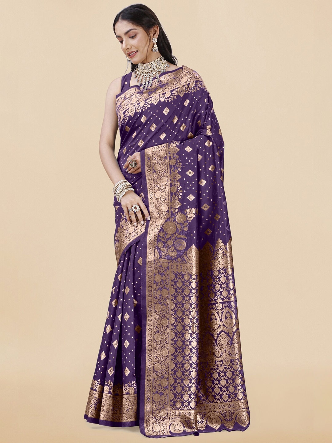 

KALINI Ethnic Motifs Woven Design Zari Silk Blend Banarasi Saree, Violet