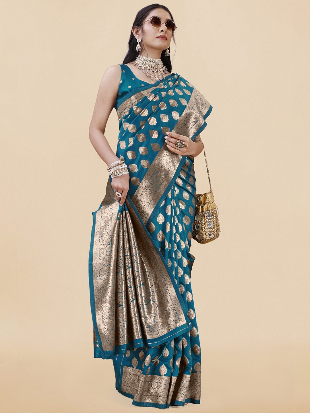 

KALINI Ethnic Motifs Woven Design Zari Banarasi Saree, Teal