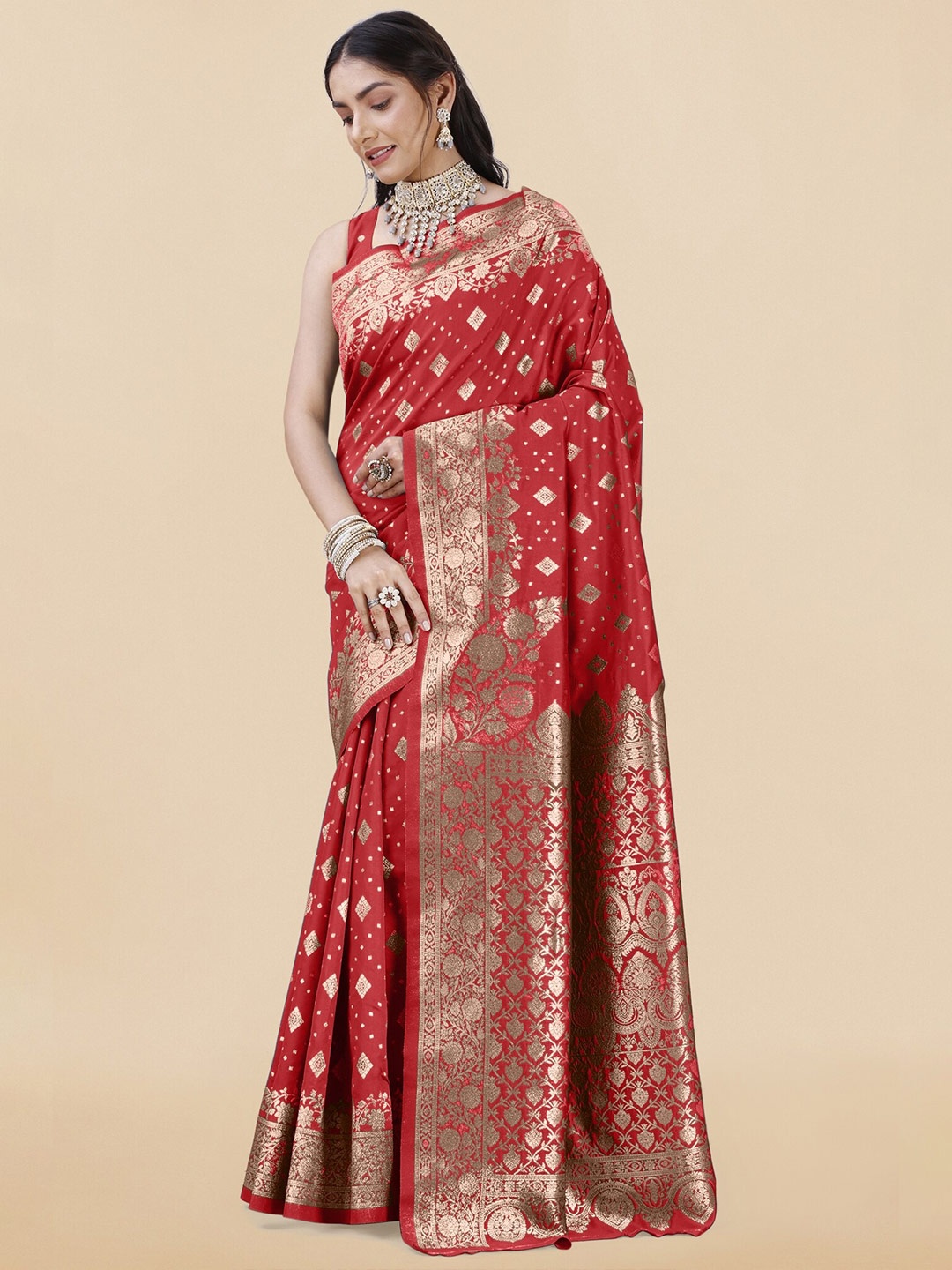 

KALINI Ethnic Motifs Woven Designed Zari Banarasi Saree, Red