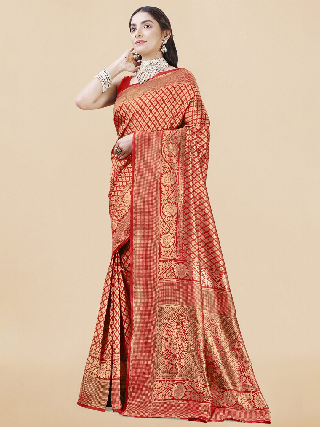 

KALINI Ethnic Motif Woven Design Zari Banarasi Saree, Red