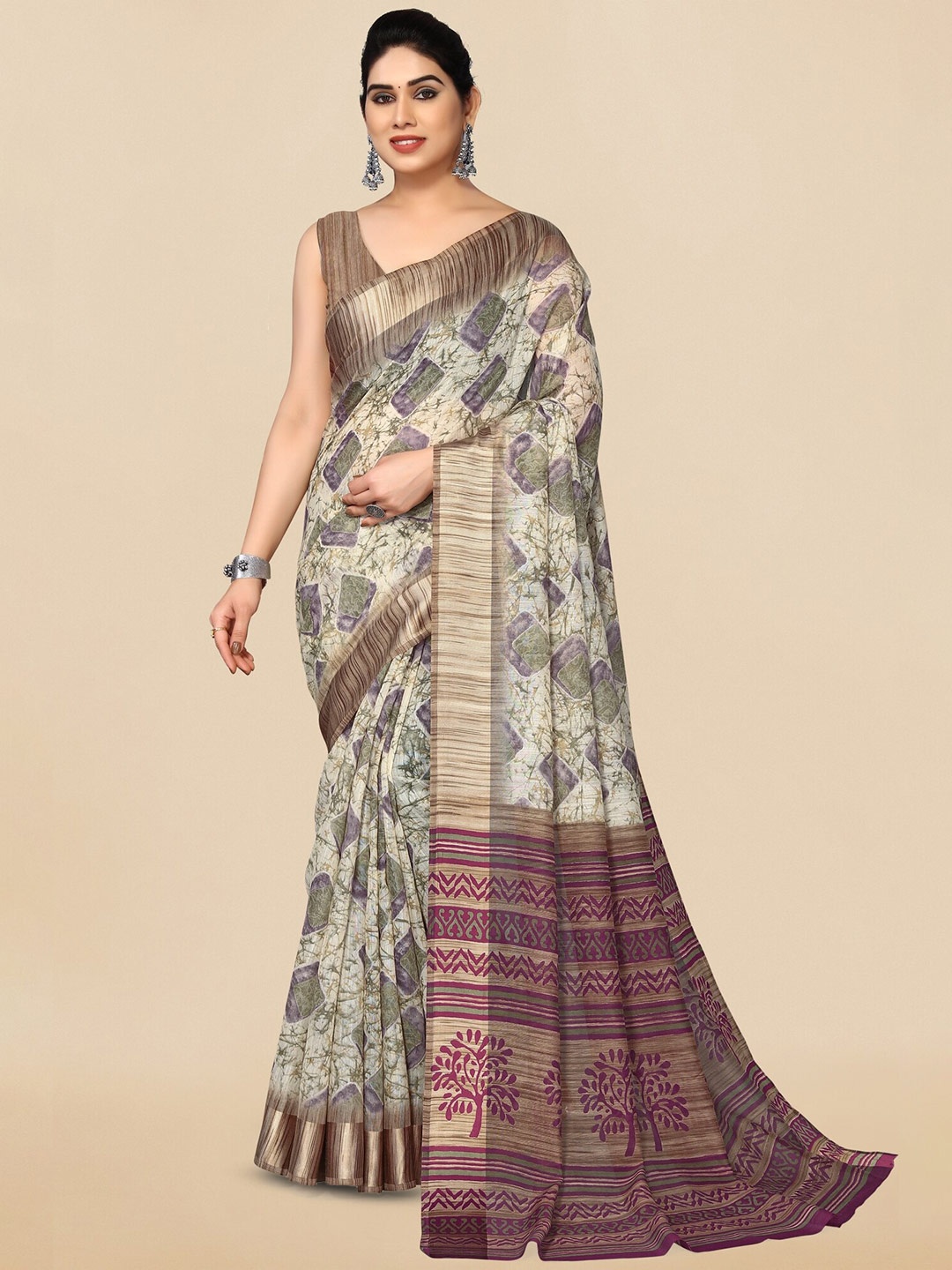 

KALINI Abstract Printed Saree, Cream