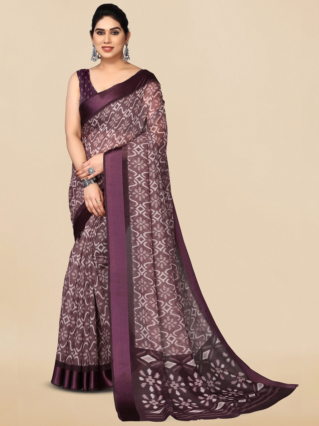 

KALINI Ethnic Motifs Printed Ikat Saree, Purple