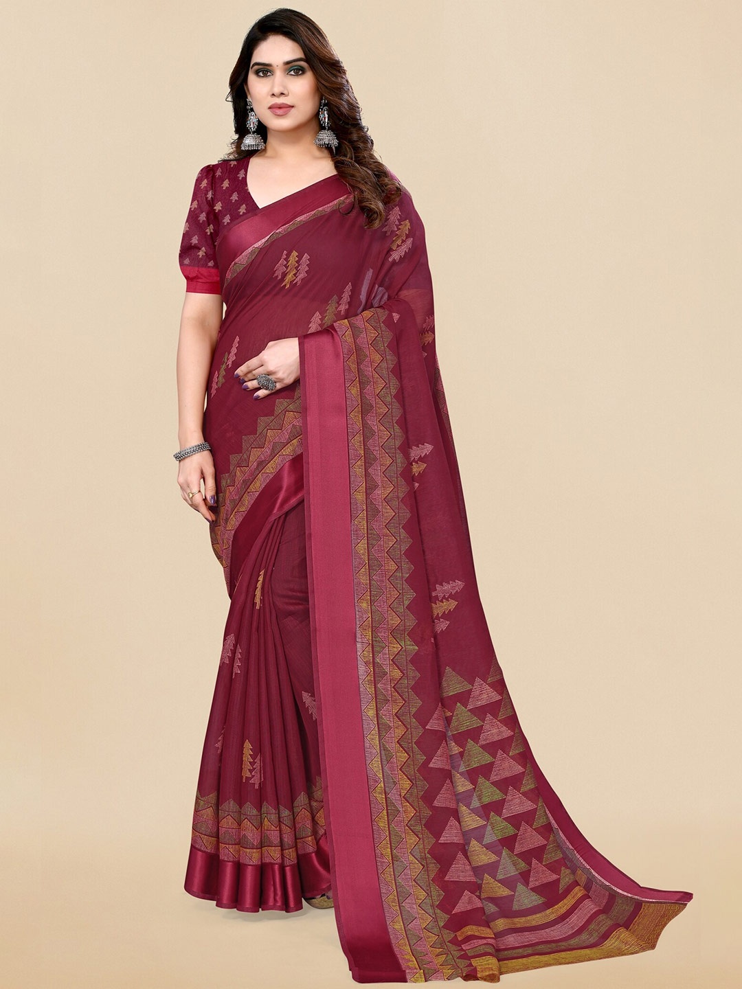 

KALINI Geometric Printed Saree, Maroon