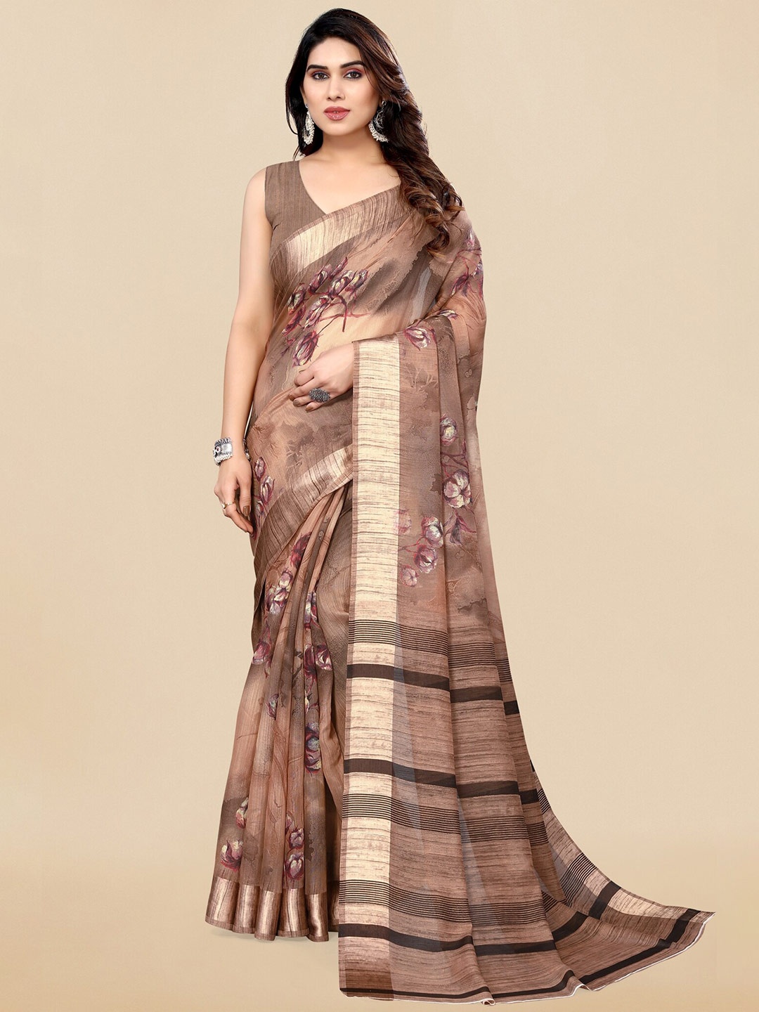 

KALINI Floral Printed Zari Saree, Beige