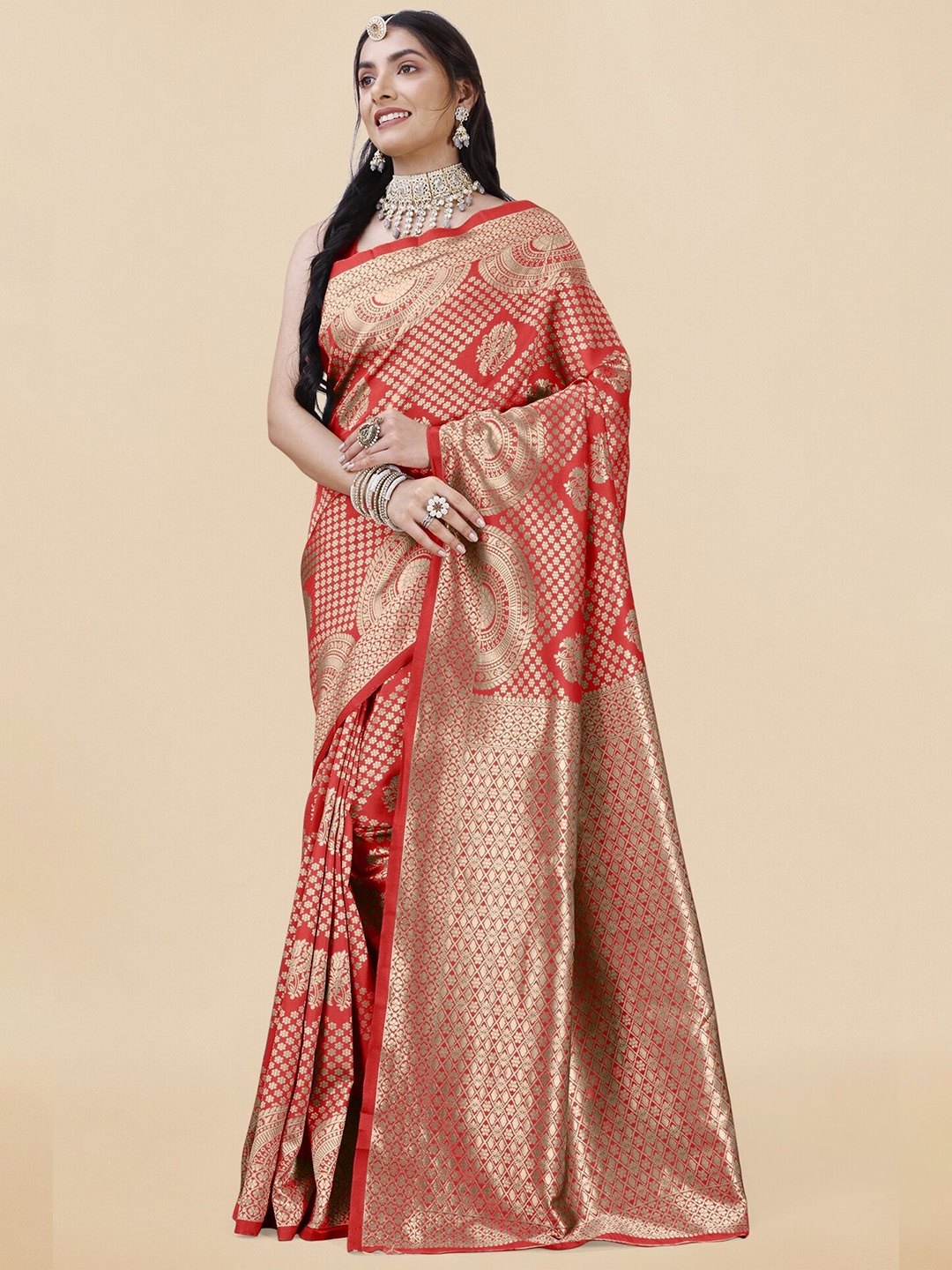 

KALINI Ethnic Motifs Woven Design Zari Banarasi Saree, Red