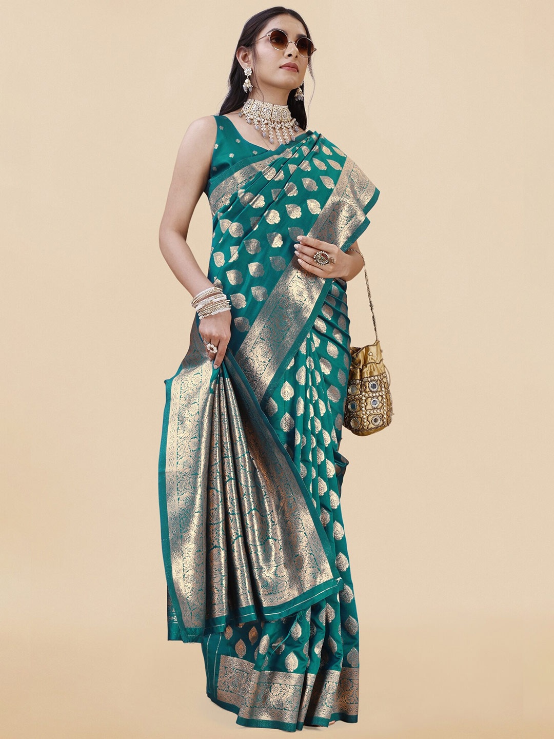 

KALINI Woven Design Zari Banarasi Saree, Teal